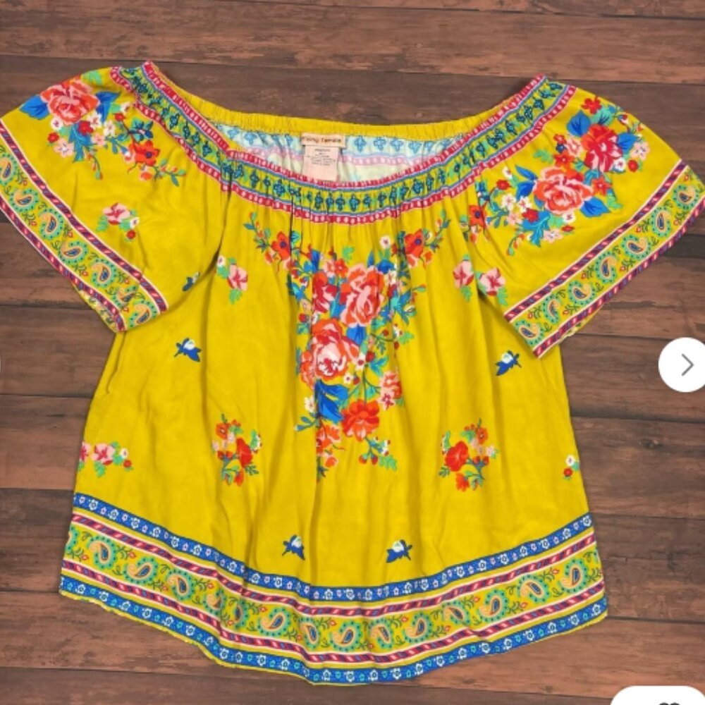 Flying Tomato Yellow Bright Floral Peasant Blouse